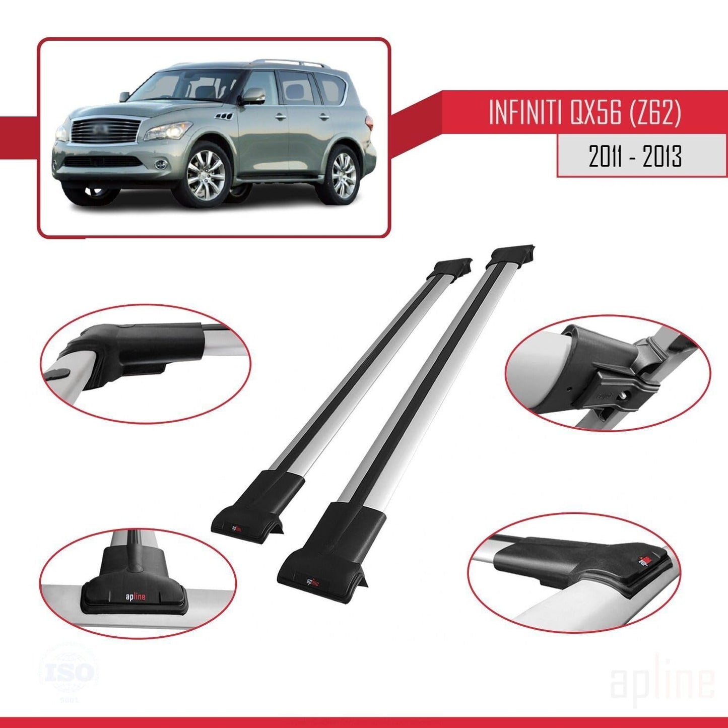 Compatible with IInfiniti QX56 (Z62) 2011-2013 Fly Model Car Roof Rack Cross Bar Grey Aluminium 2 Bars