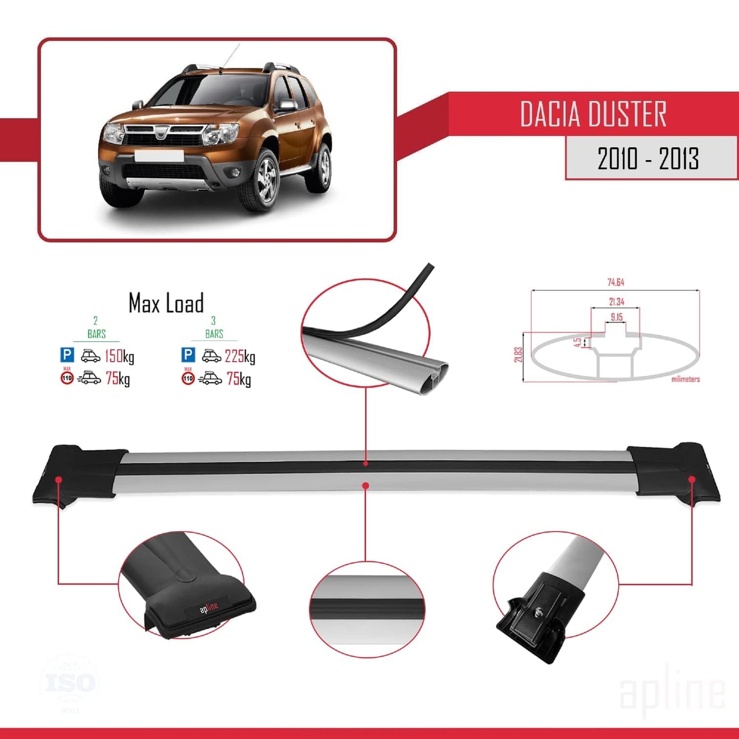 Compatible with Dacia Duster (HS) Pre-Facelift 2010-2013 Fly Model Car Roof Rack Cross Bar Grey Aluminium 2 Bars