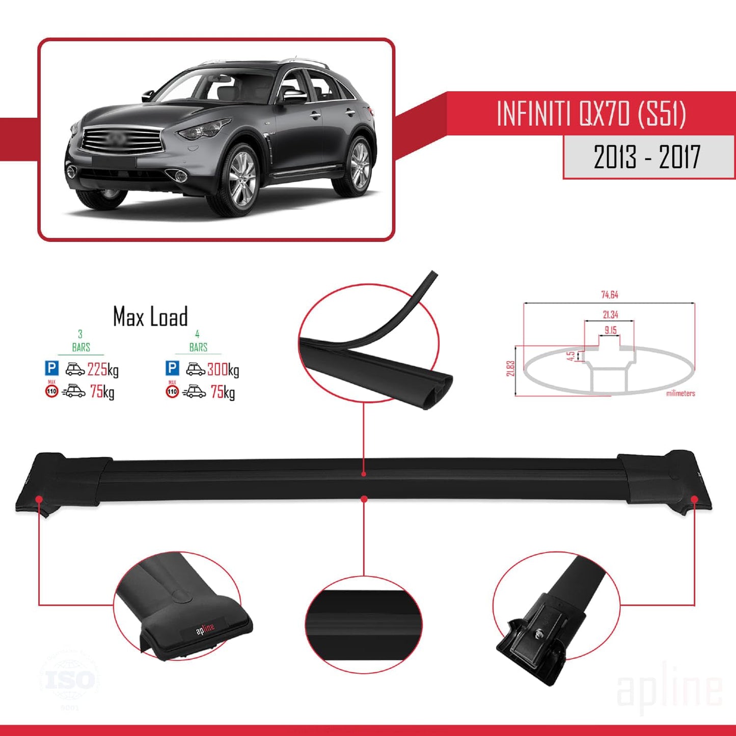 Compatible with Infiniti QX70 (S51) 2013-2017 Fly Model Car Roof Rack Cross Bar Black Aluminium 3 Bars
