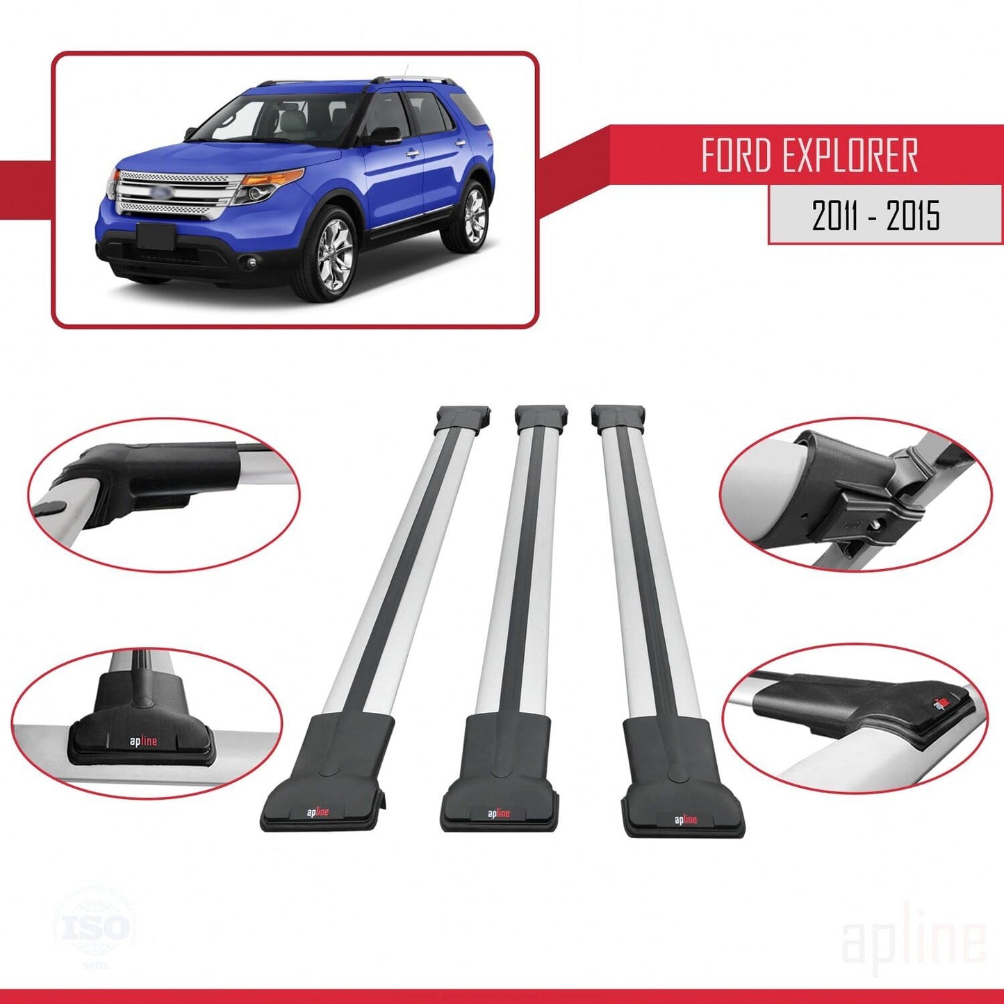 Compatible with Ford Explorer 5 (U502) Pre-Facelift 2011-2015 Fly Model Car Roof Rack Cross Bar Grey Aluminium 3 Bars