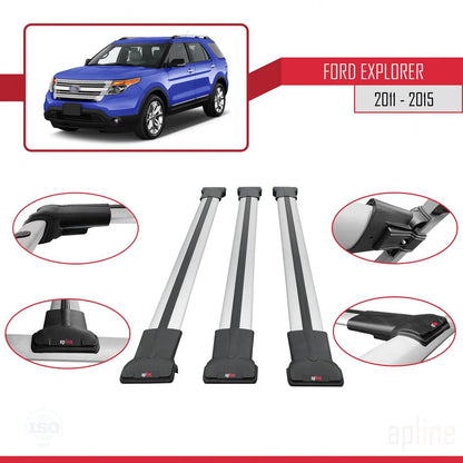 Compatible with Ford Explorer 5 (U502) Pre-Facelift 2011-2015 Fly Model Car Roof Rack Cross Bar Grey Aluminium 3 Bars