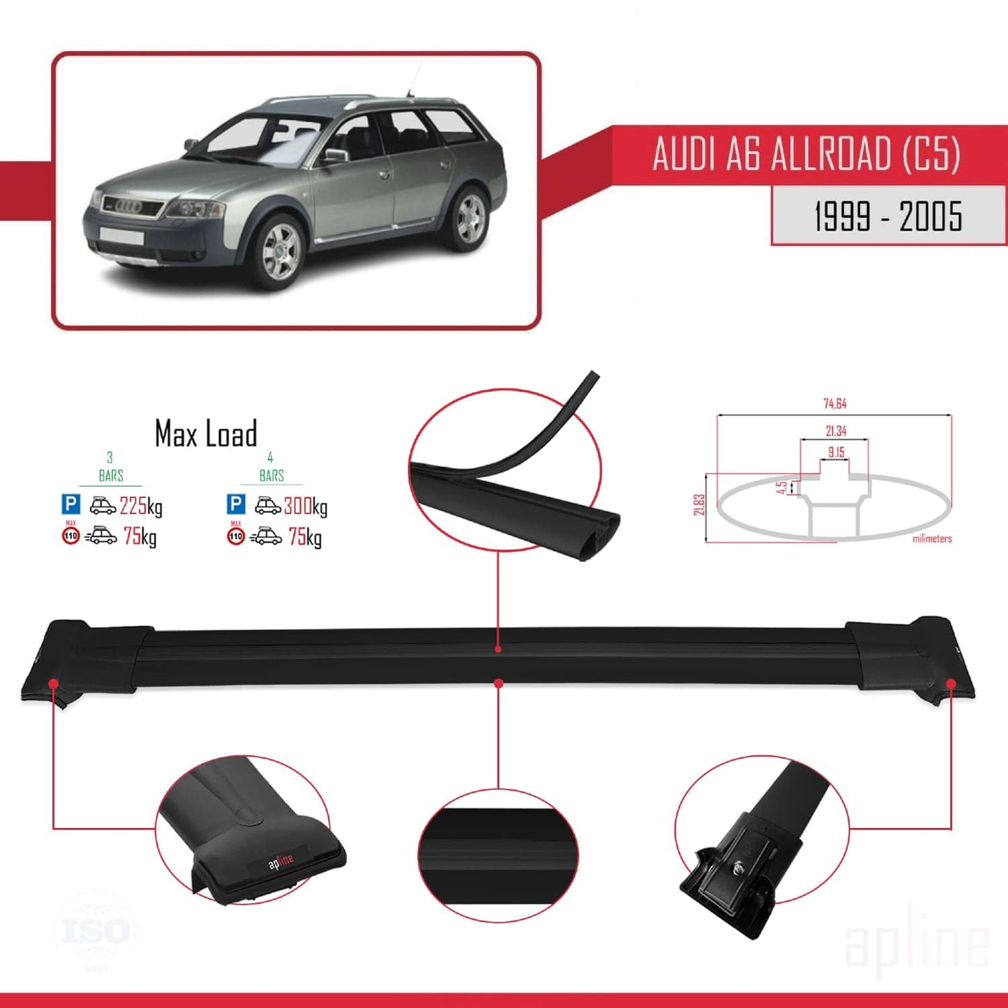 Compatible with Audi A6 (C5) Allroad 1999-2005 Fly Model Car Roof Rack Cross Bar Black Aluminium 3 Bars