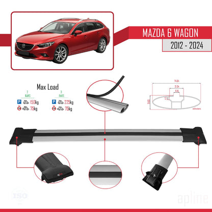 Compatible with Mazda 6 Wagon 2012-2024 Fly Model Car Roof Rack Cross Bar Grey Aluminium 2 Bars