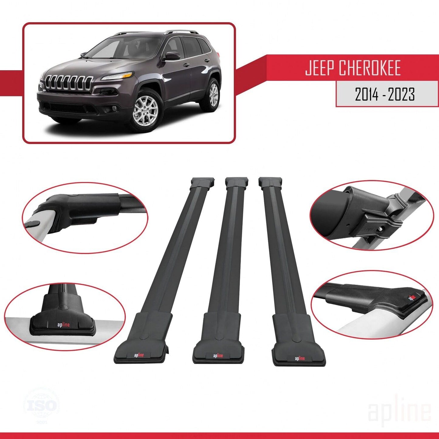 Compatible with Jeep Cherokee 5 (KL) 2014-2023 Fly Model Car Roof Rack Cross Bar Black Aluminium 3 Bars