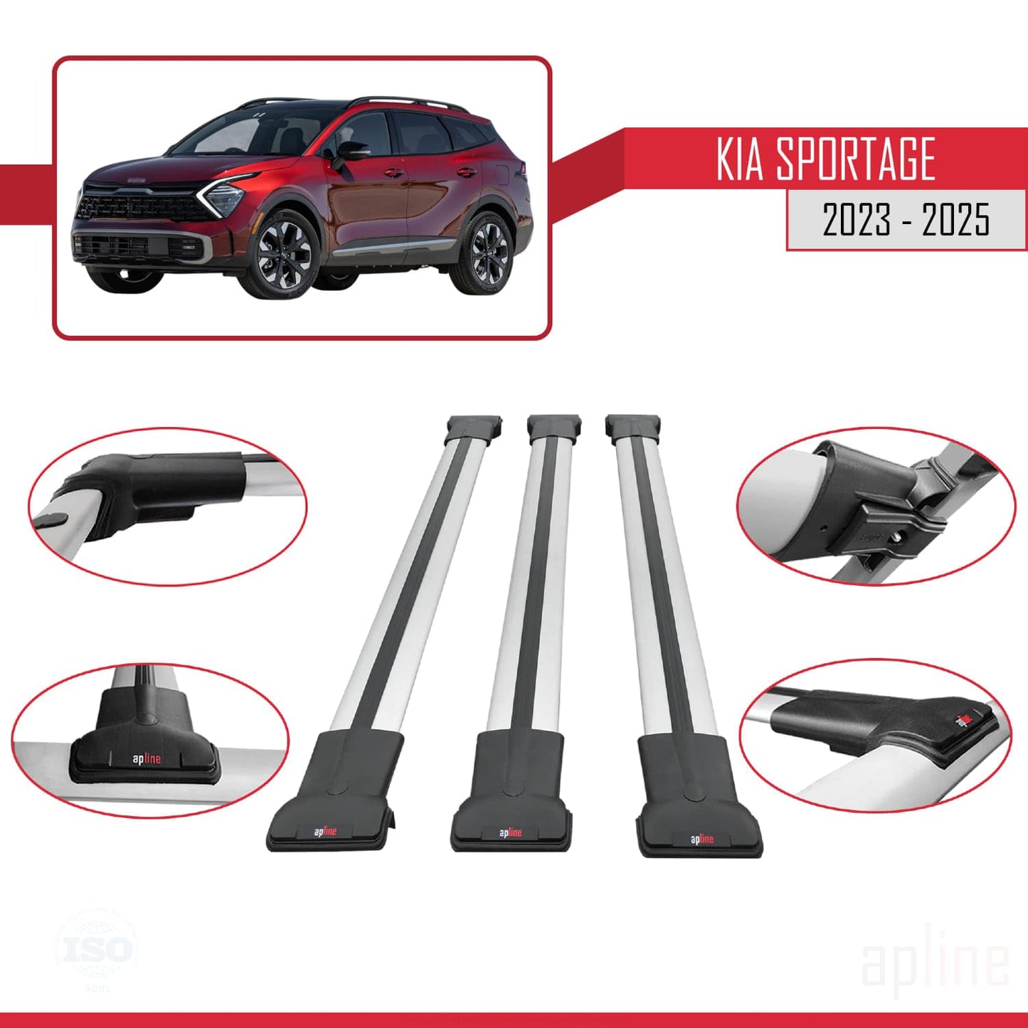 Compatible with Kia Sportage 2023-2025 Fly Model Car Roof Rack Cross Bar Grey Aluminium 3 Bars
