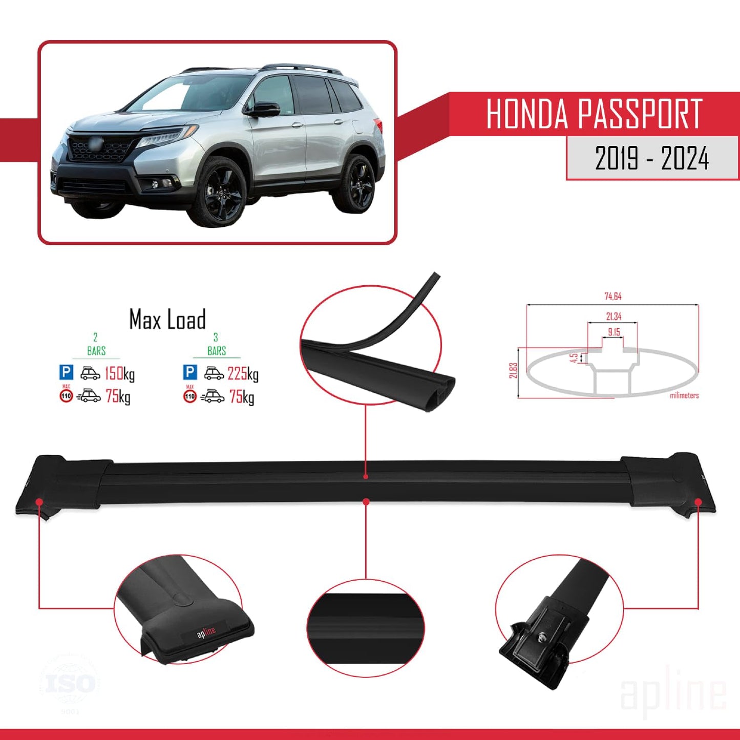 Compatible with Honda Passport 2019-2024 Fly Model Car Roof Rack Cross Bar Black Aluminium 2 Bars