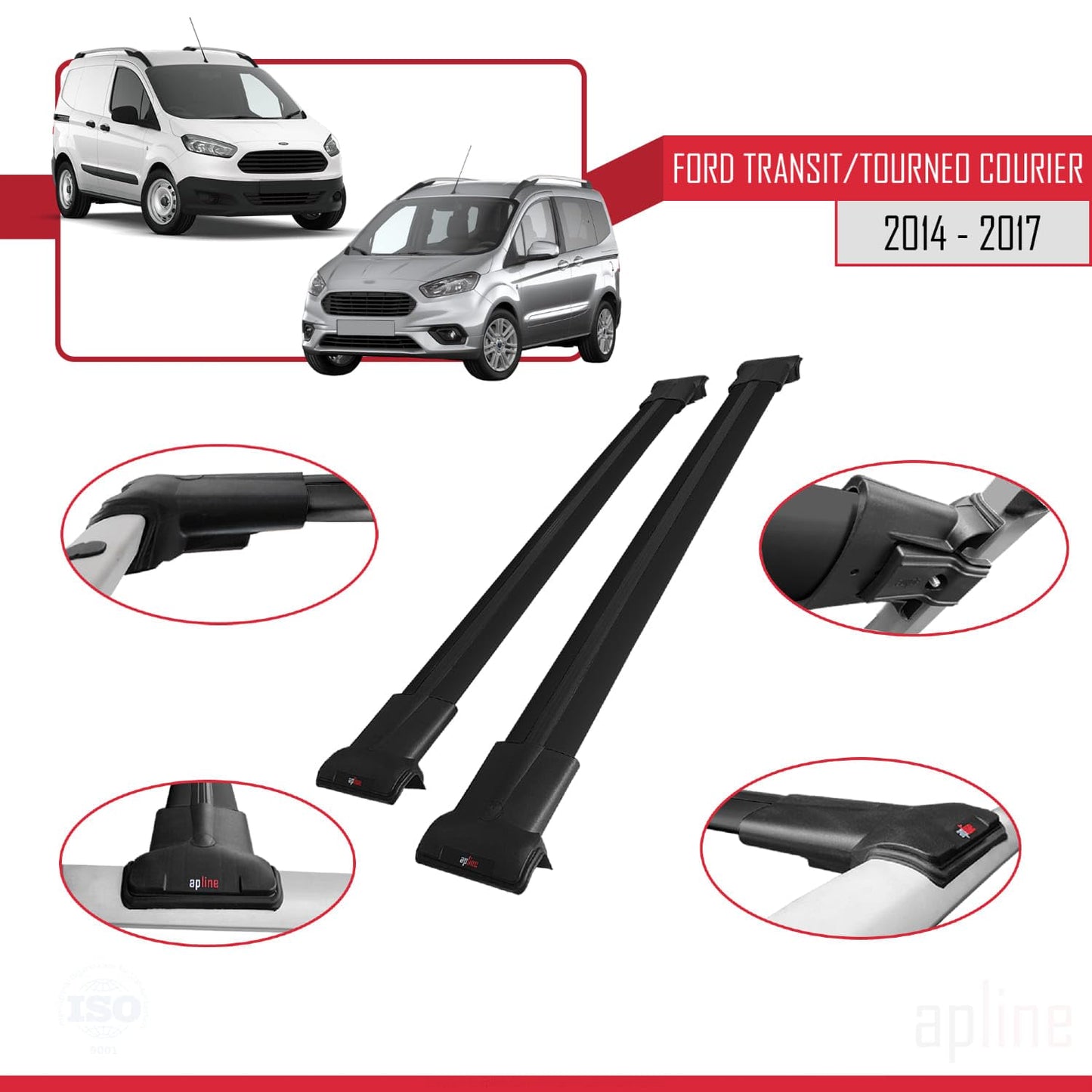 Compatible with Ford Transit/Tourneo Courier Pre-Facelift 2014-2017 Fly Model Car Roof Rack Cross Bar Black Aluminium 2 Bars
