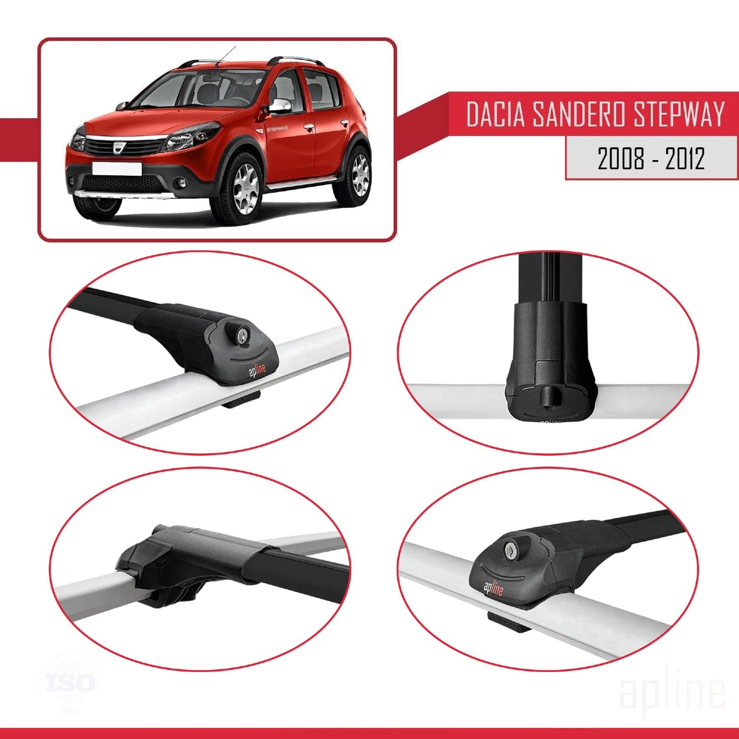 Compatible with Dacia Sandero Stepway 2008-2012 ACE-1 Car Roof Rack Cross Bar Black Aluminium 2 Bars