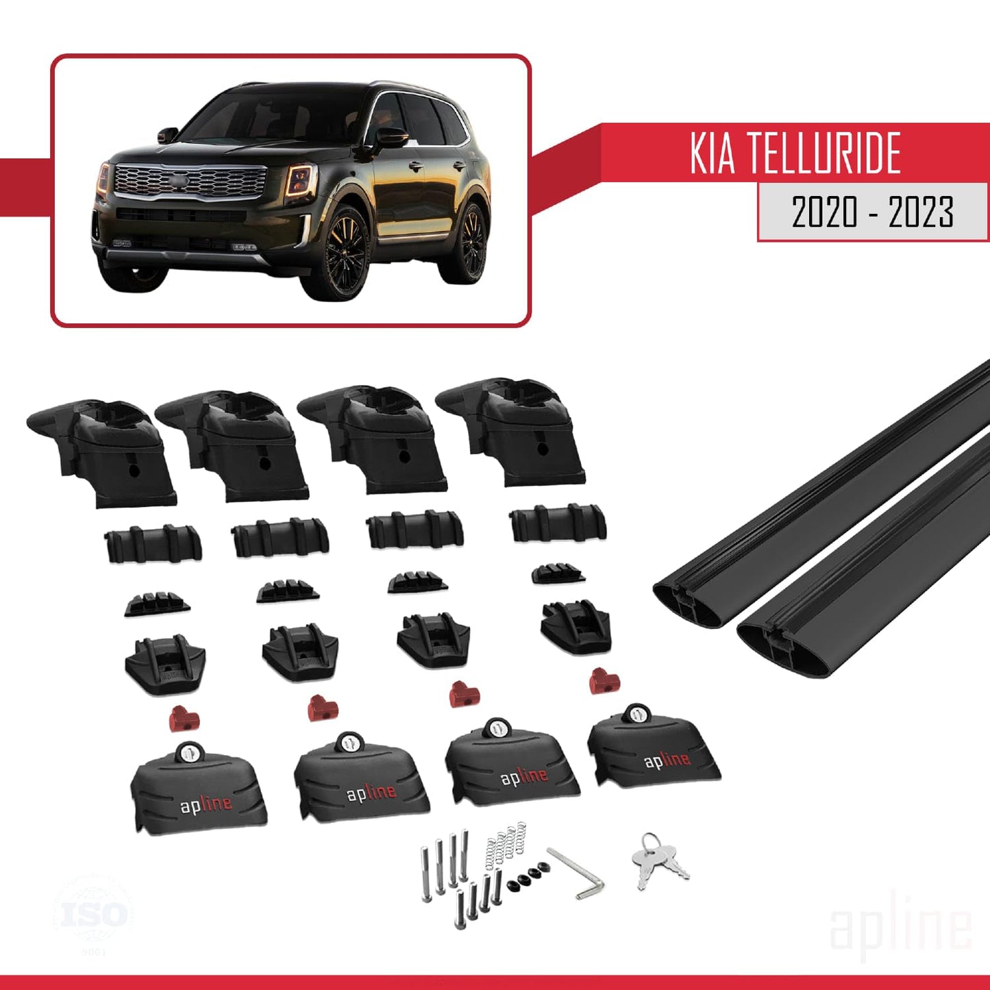 Compatible with Kia Telluride 2020-2024 ACE-2 Car Roof Rack Cross Bar Black Aluminium 2 Bars