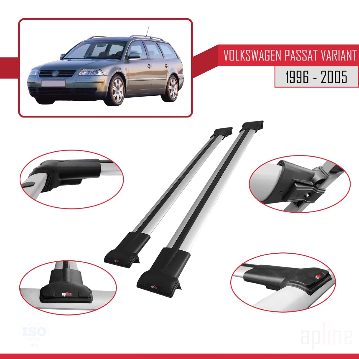 Compatible with VW Passat B5 Variant 1996-2005 Fly Model Car Roof Rack Cross Bar Grey Aluminium 2 Bars