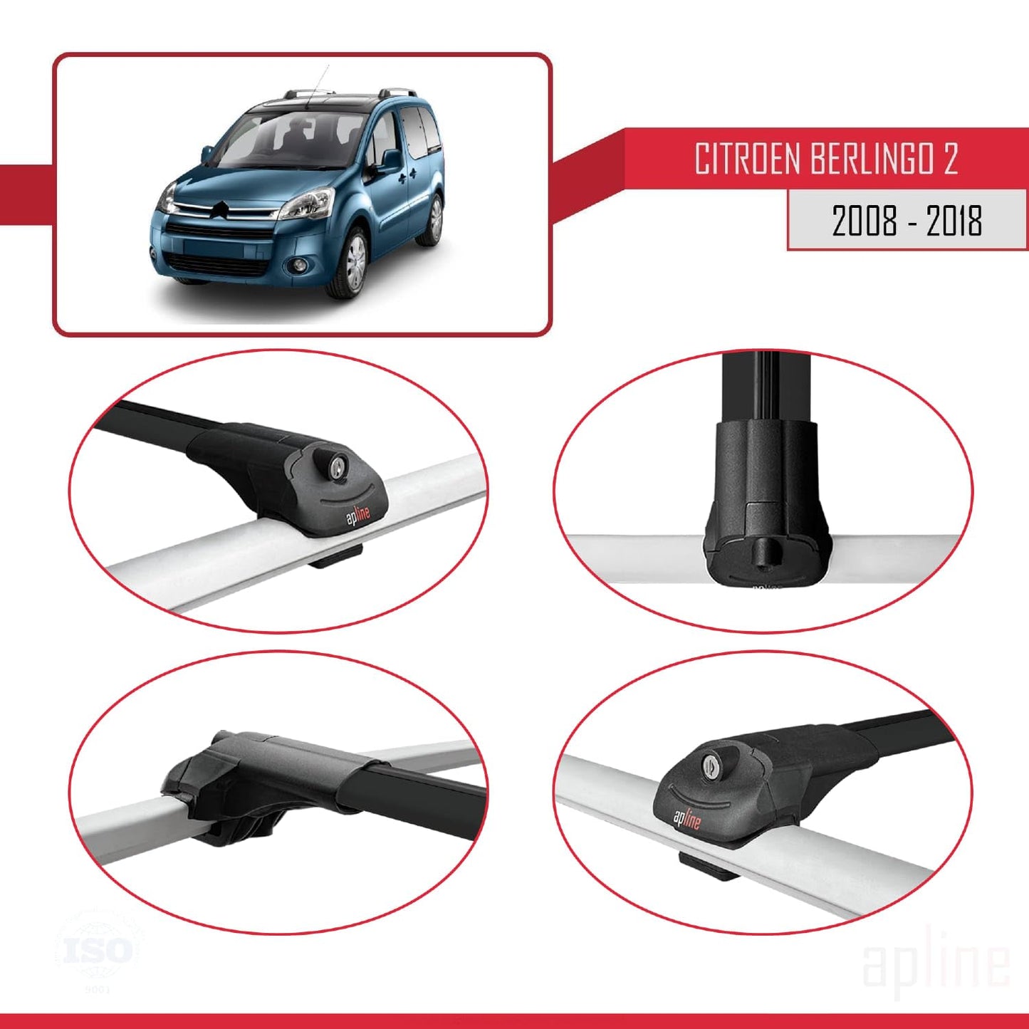 Compatible with Citroen Berlingo 2 (B9) 2008-2018 ACE-1 Car Roof Rack Cross Bar Black Aluminium 3 Bars