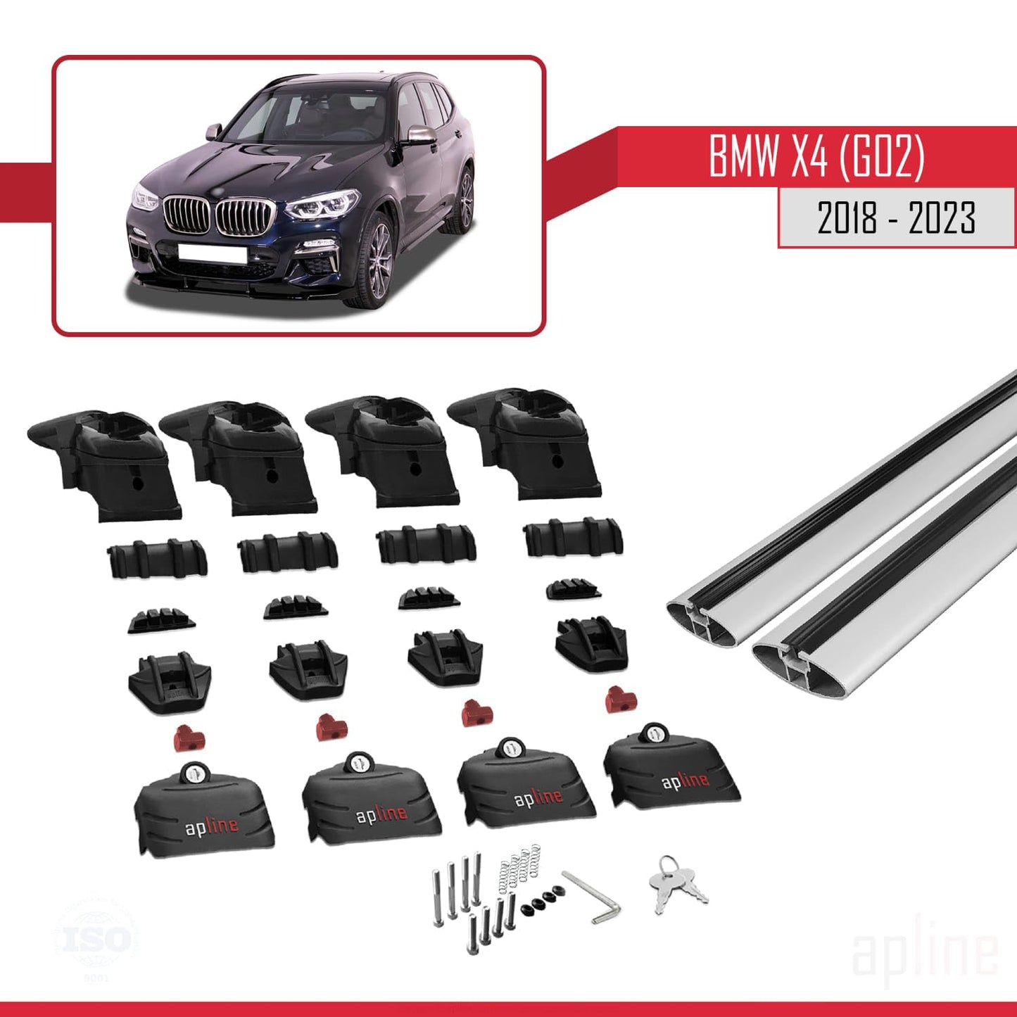 Compatible with BMW X4 (G02) 2018-2023 ACE-2 Car Roof Rack Cross Bar Grey Aluminium 2 Bars