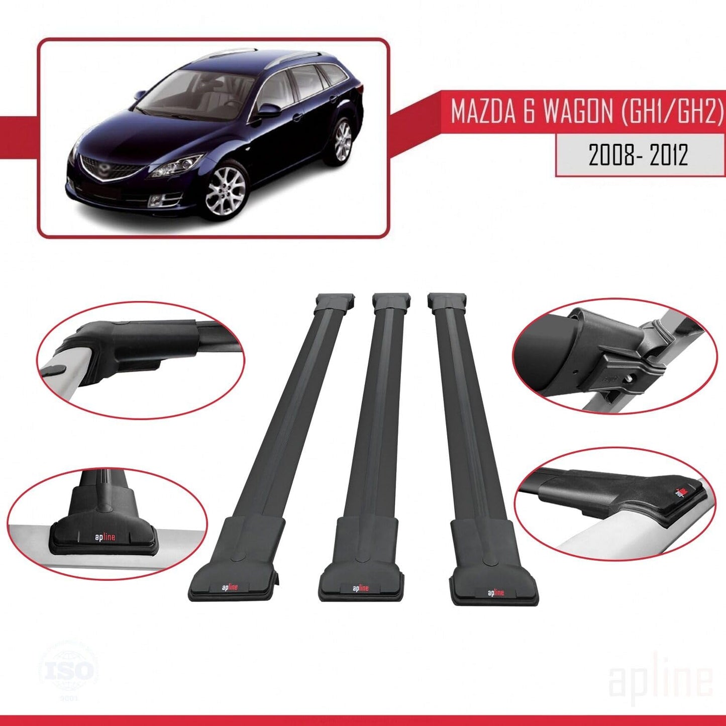 Compatible with Mazda 6 II (GZ) Wagon 2008-2012 Fly Model Car Roof Rack Cross Bar Black Aluminium 3 Bars