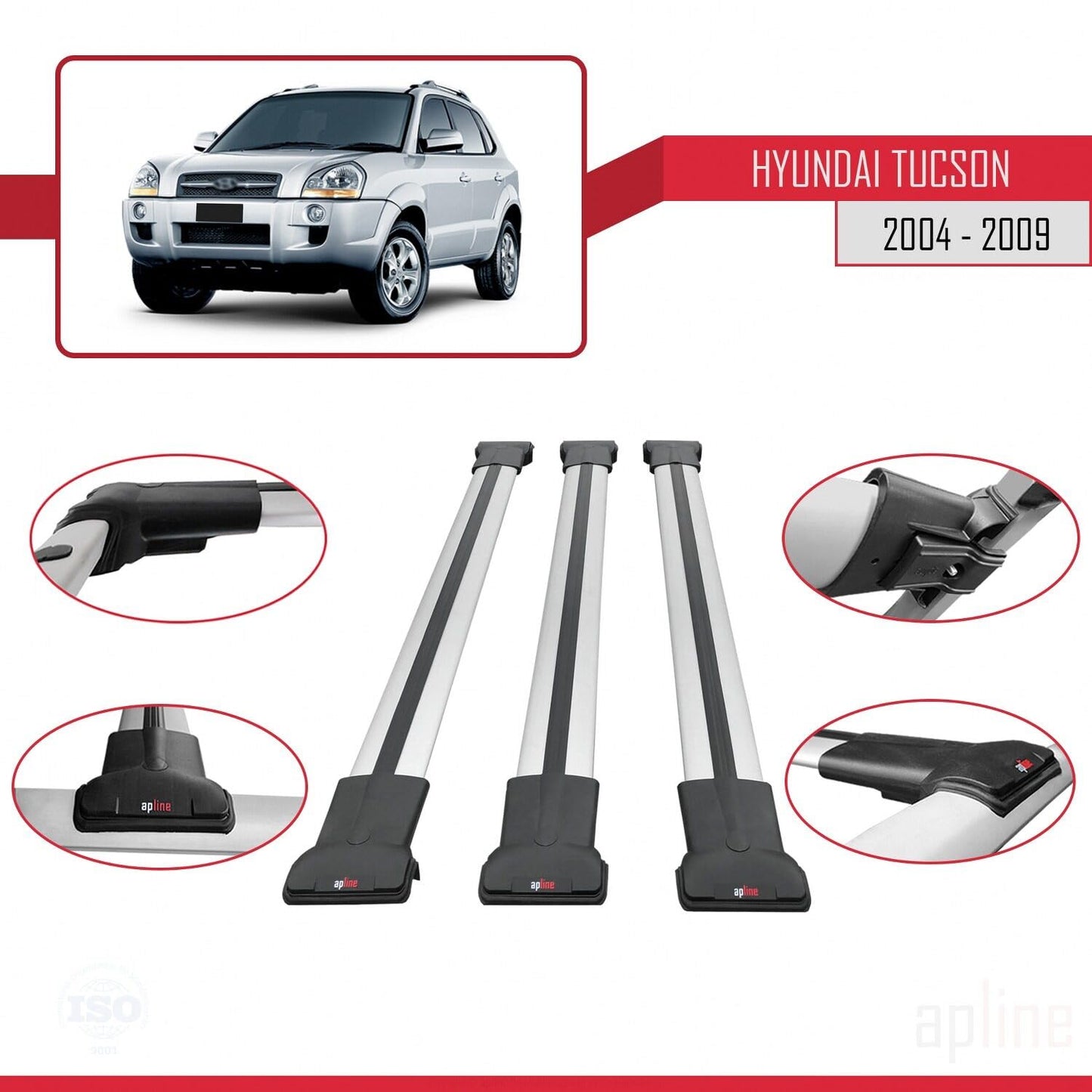 Compatible with Hyundai Tucson (JM) 2004-2009 Fly Model Car Roof Rack Cross Bar Grey Aluminium 3 Bars