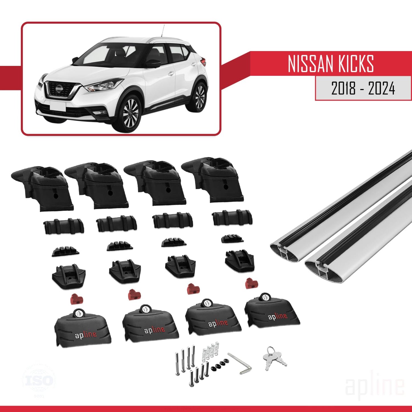 Compatible with Nissan Kicks 2018-2024 ACE-2 Car Roof Rack Cross Bar Grey Aluminium 2 Bars