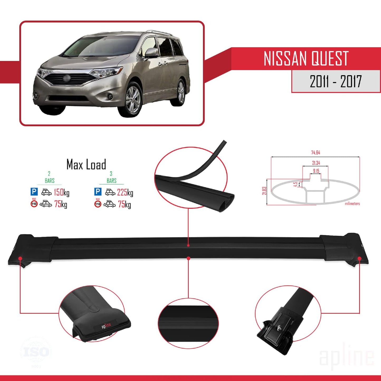 Compatible with Nissan Quest 2011-2017 Fly Model Car Roof Rack Cross Bar Black Aluminium 2 Bars