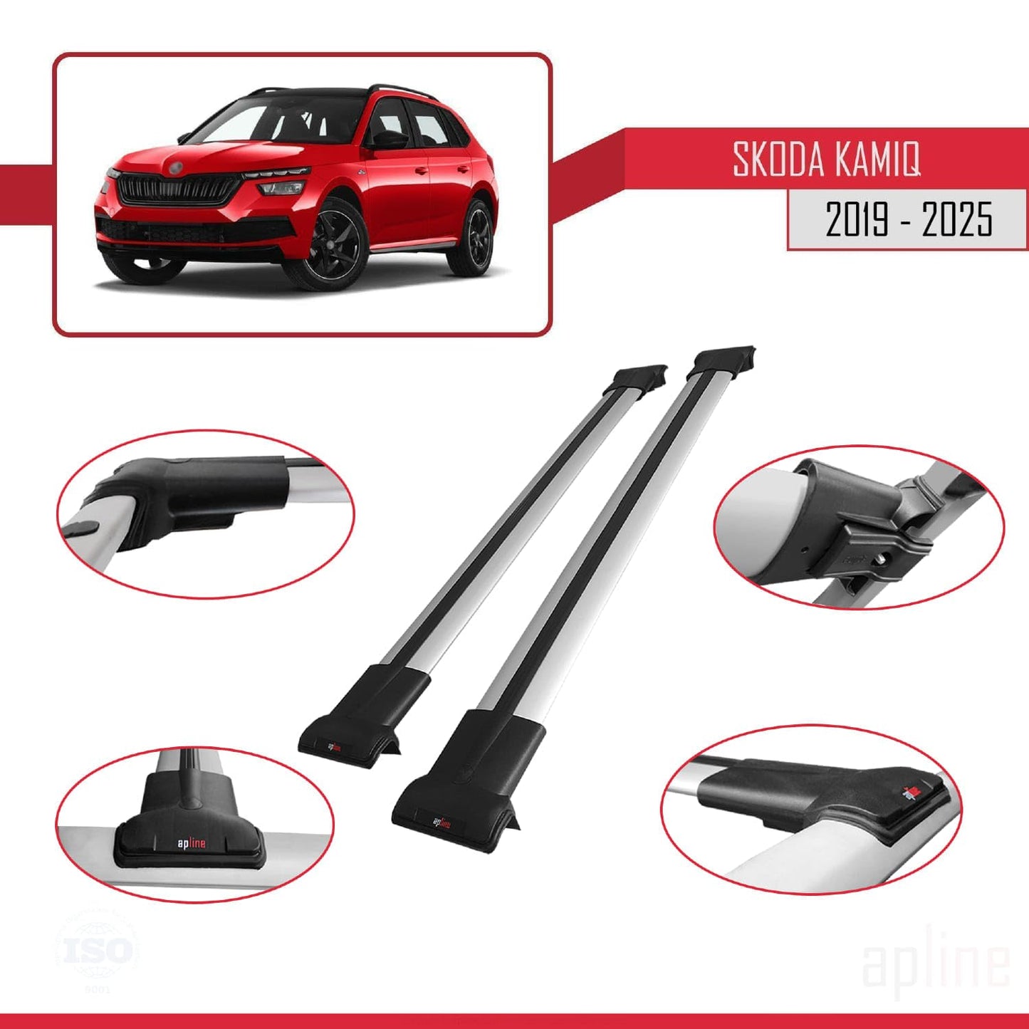 Compatible with Skoda Kamiq 2019-2025 Fly Model Car Roof Rack Cross Bar Grey Aluminium 2 Bars