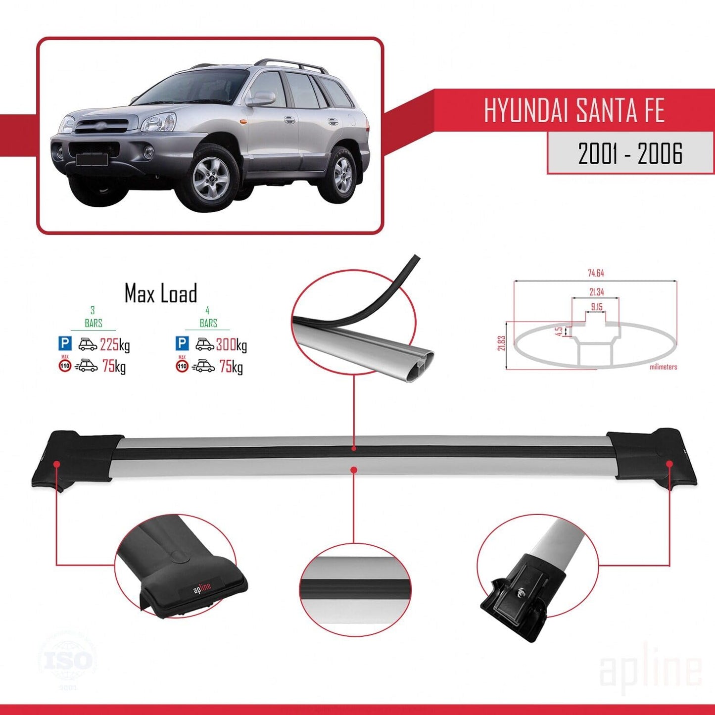 Compatible with Hyundai Santa Fe (SM) 2001-2006 Fly Model Car Roof Rack Cross Bar Grey Aluminium 3 Bars