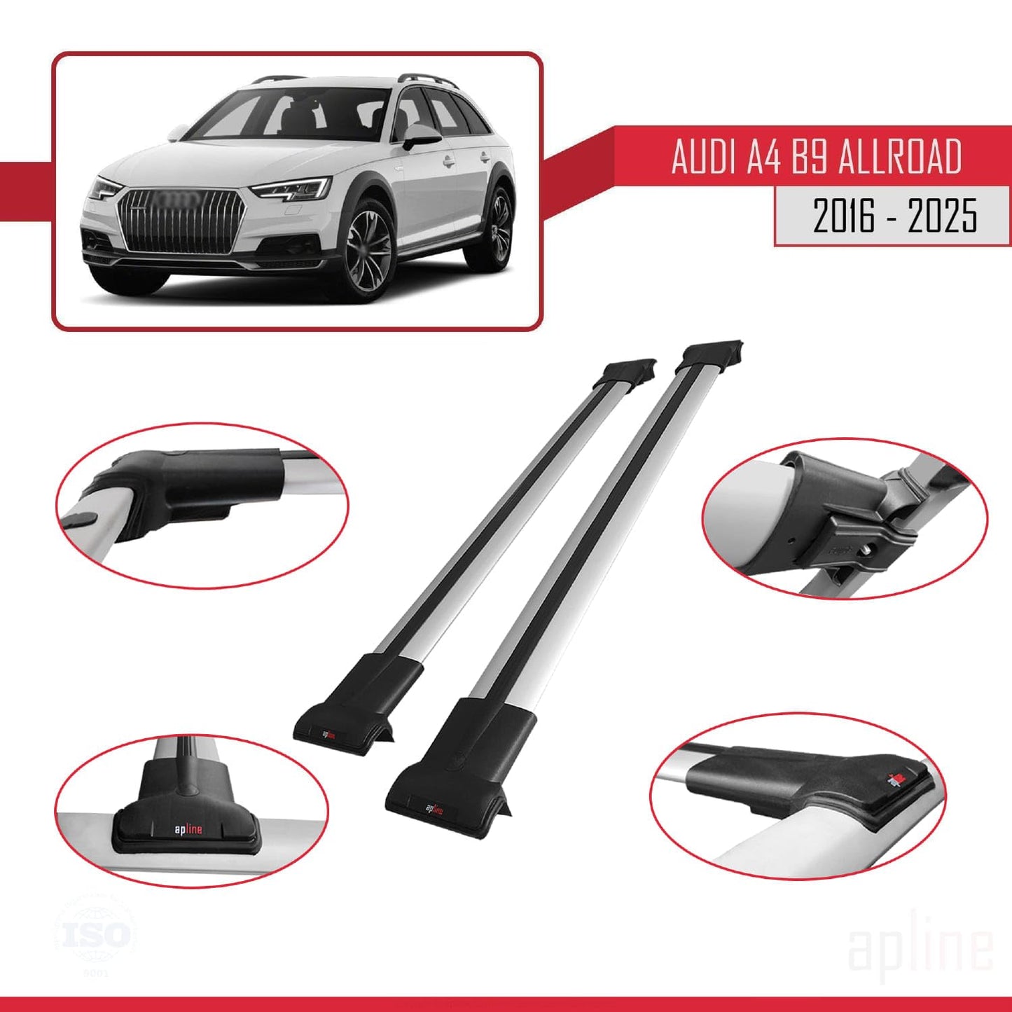 Compatible with Audi A4 (B9) Allroad 2016-2025 Fly Model Car Roof Rack Cross Bar Grey Aluminium 2 Bars