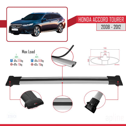 Compatible with Honda Accord Tourer 2008-2012 Fly Model Car Roof Rack Cross Bar Grey Aluminium 3 Bars