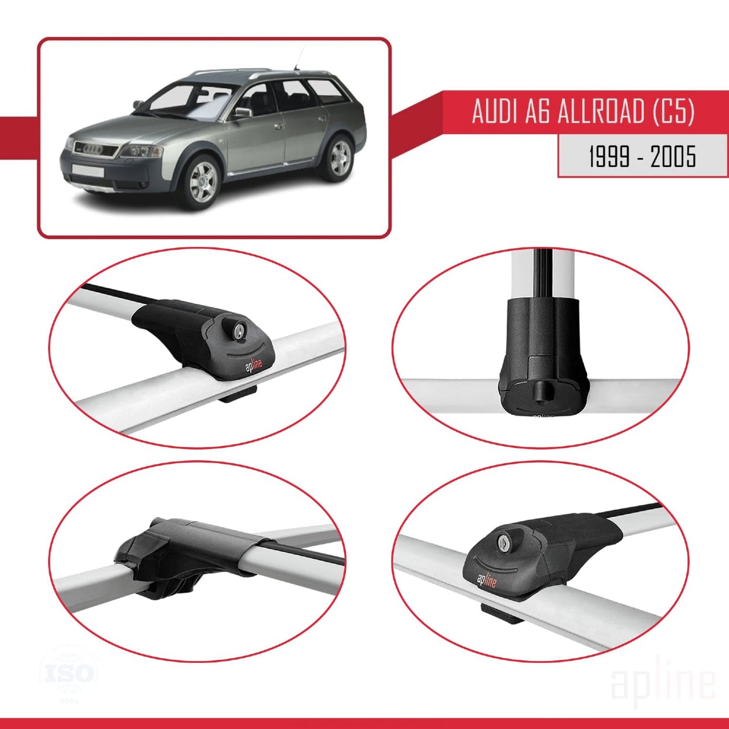 Compatible with Audi A6 (C5) Allroad 1999-2005 ACE-1 Car Roof Rack Cross Bar Grey Aluminium 3 Bars