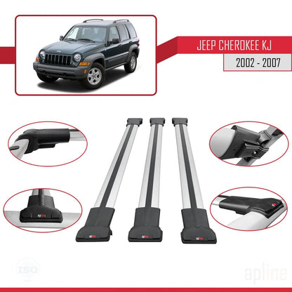 Compatible with Jeep Cherokee 3 (KJ) 2002-2007 Fly Model Car Roof Rack Cross Bar Grey Aluminium 3 Bars
