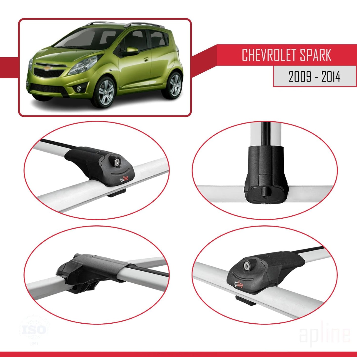Compatible with Chevrolet Spark (M300) 2009-2014 ACE-1 Car Roof Rack Cross Bar Grey Aluminium 2 Bars