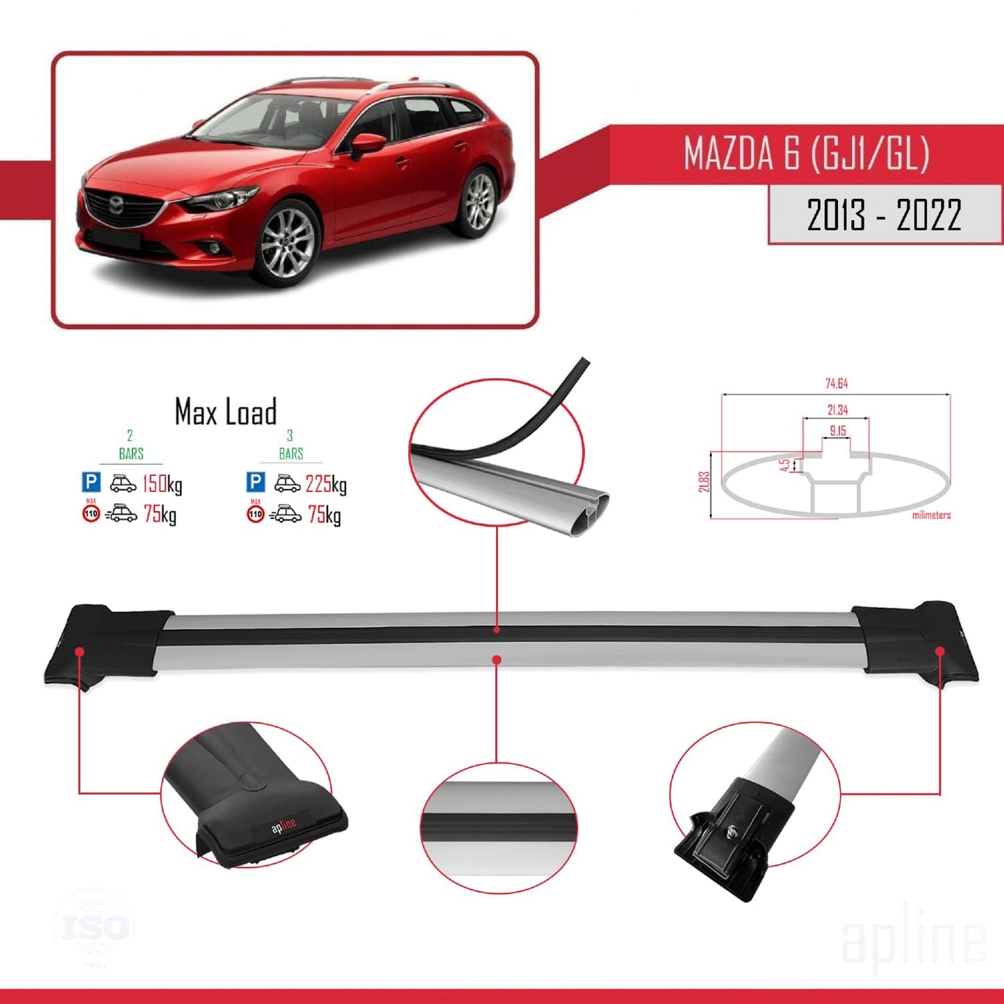 Compatible with Mazda 6 III (GJ1/GL) 2013-2022 Fly Model Car Roof Rack Cross Bar Grey Aluminium 2 Bars