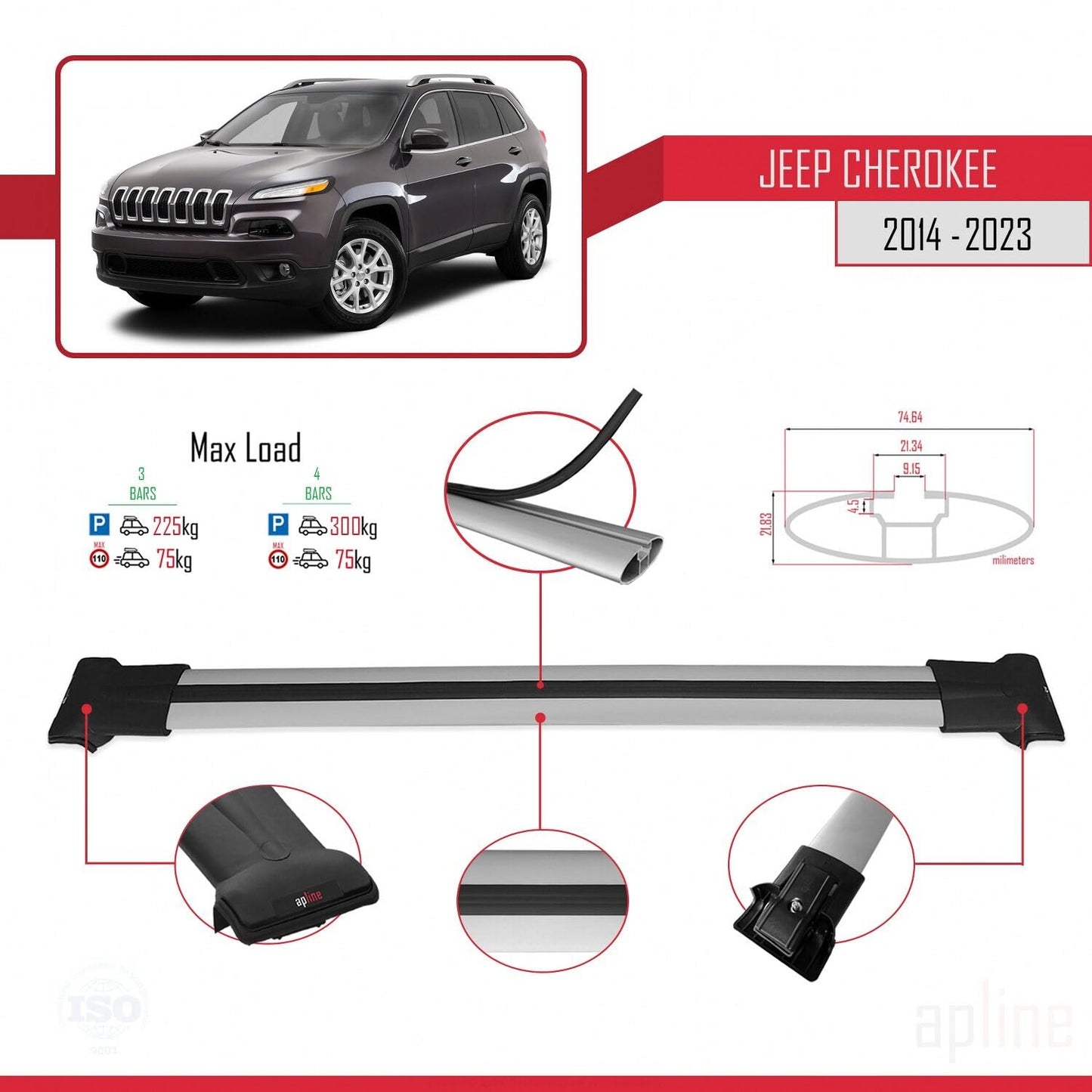 Compatible with Jeep Cherokee 5 (KL) 2014-2023 Fly Model Car Roof Rack Cross Bar Grey Aluminium 3 Bars