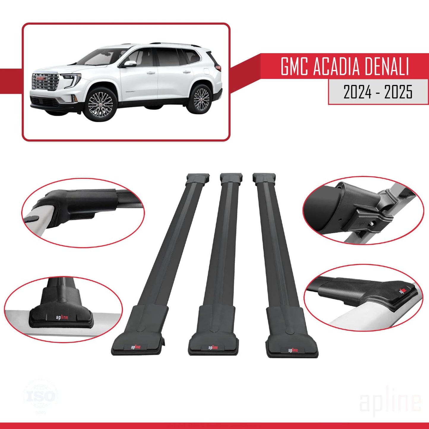 Compatible with GMC Acadia Denali 2024-2025 Fly Model Car Roof Rack Cross Bar Black Aluminium 3 Bars