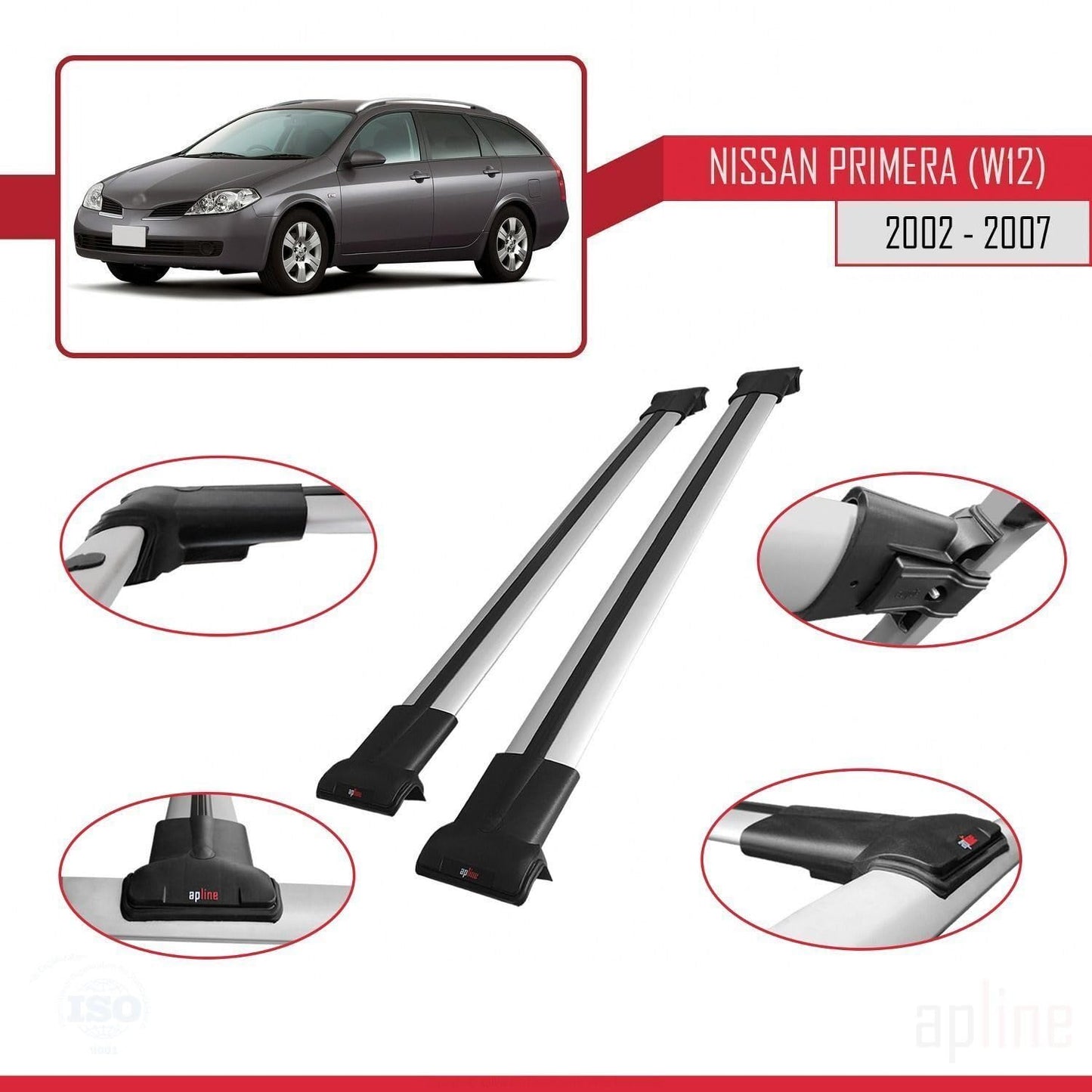 Compatible with Nissan Primera 3 (W12) Traveller 2002-2007 Fly Model Car Roof Rack Cross Bar Grey Aluminium 2 Bars
