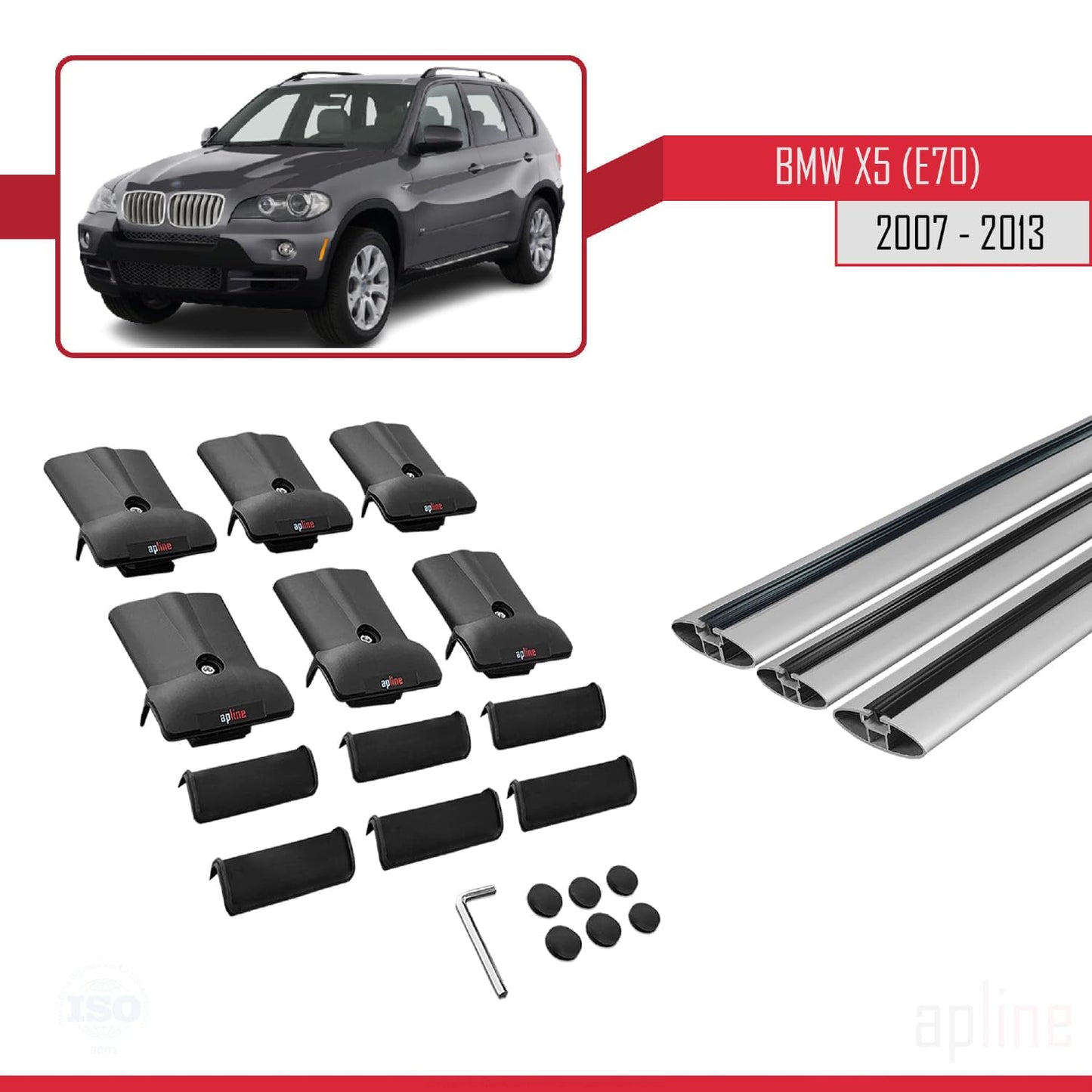 Compatible with BMW X5 (E70) 2007-2013 Fly Model Car Roof Rack Cross Bar Grey Aluminium 3 Bars