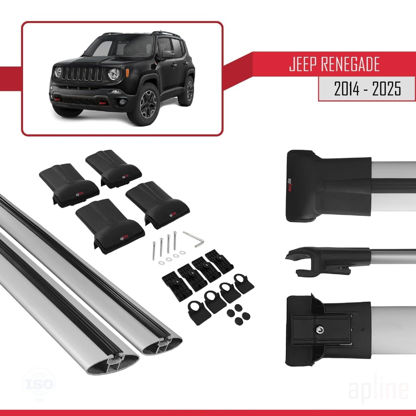 Compatible with Jeep Renegade (BU) 2014-2025 Fly Model Car Roof Rack Cross Bar Grey Aluminium 2 Bars