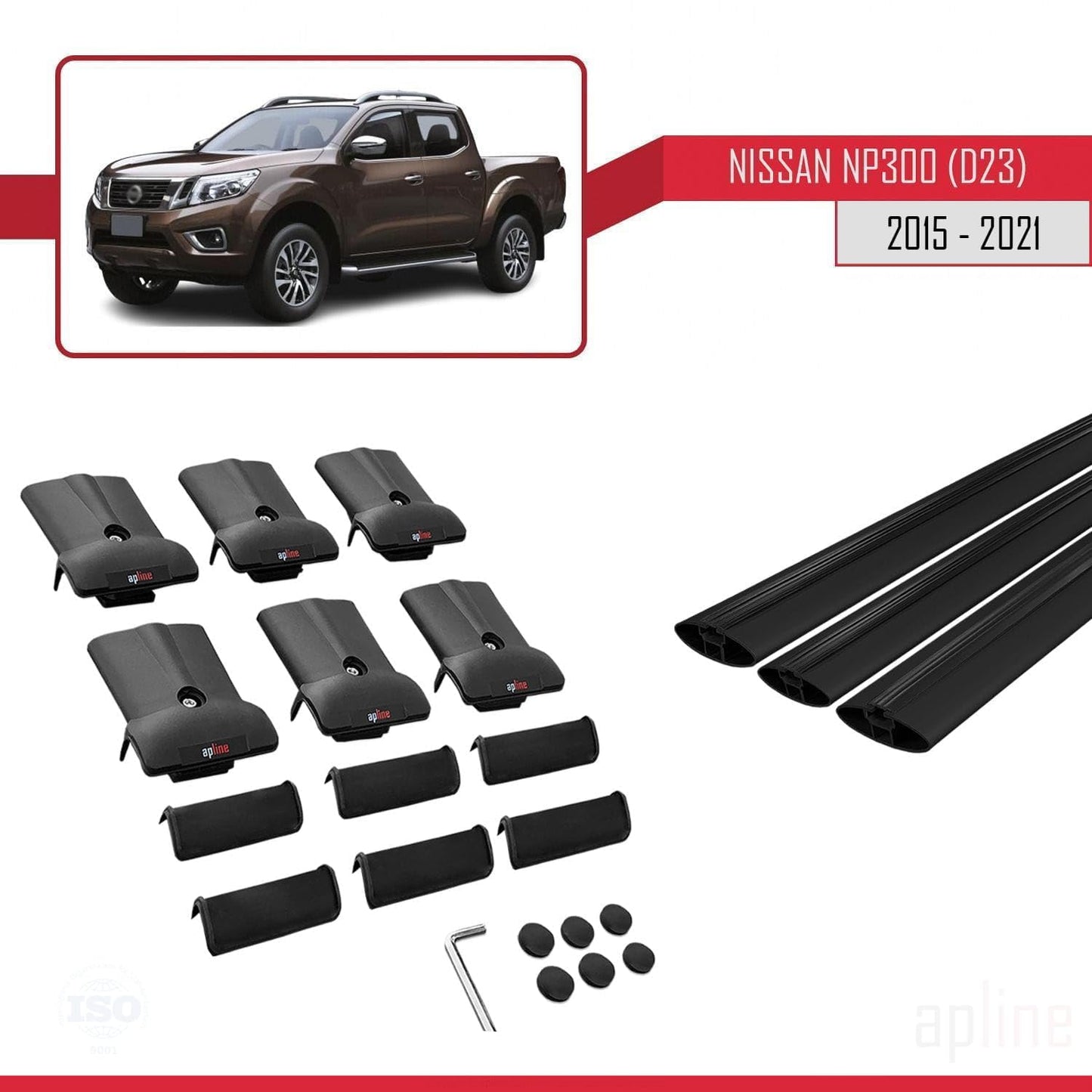 Compatible with Nissan NP300 (D23) 2015-2021 Fly Model Car Roof Rack Cross Bar Black Aluminium 3 Bars