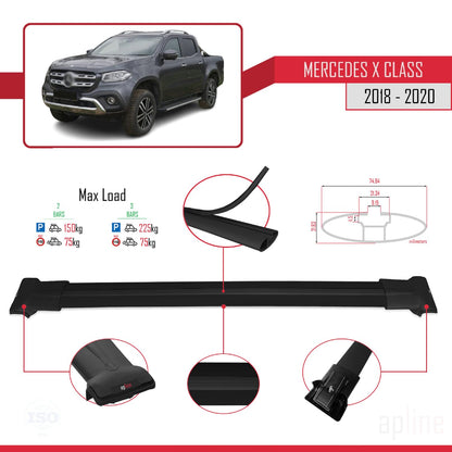 Compatible with Mercedes X Class (470) 2018-2020 Fly Model Car Roof Rack Cross Bar Black Aluminium 2 Bars