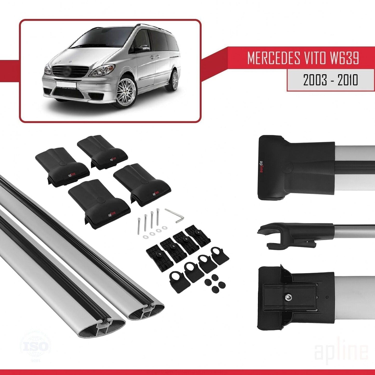 Compatible with Mercedes Vito 2 (W639) Pre-Facelift 2003-2010 Fly Model Car Roof Rack Cross Bar Grey Aluminium 2 Bars