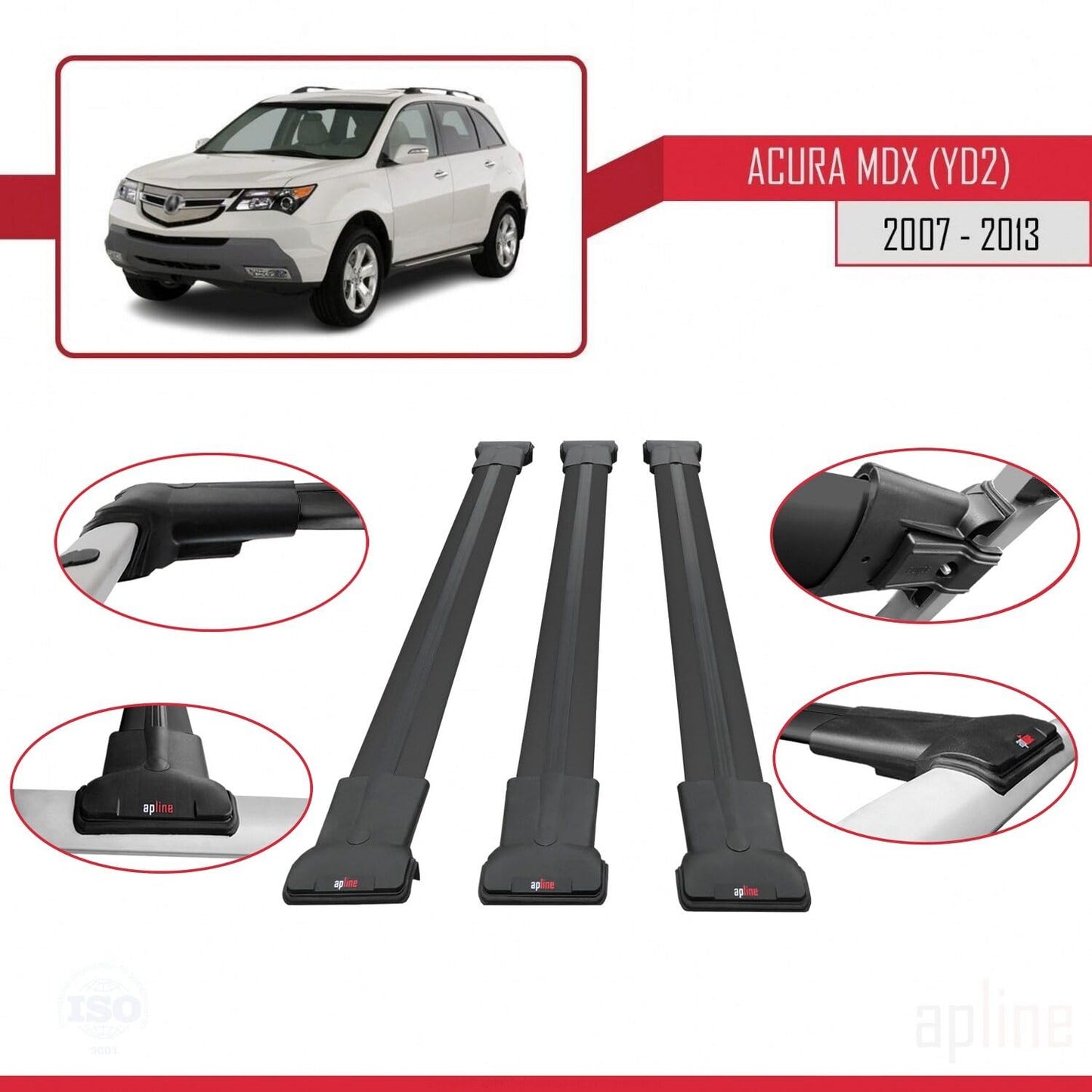Compatible with Acura MDX (YD2) 2007-2013 Fly Model Car Roof Rack Cross Bar Black Aluminium 3 Bars
