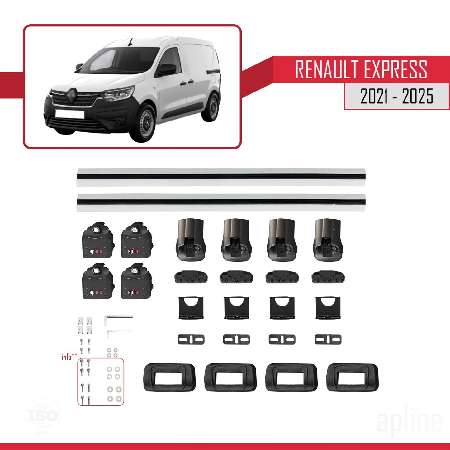 Compatible with Renault Express 2021-2025 ACE-3 Car Roof Rack Cross Bar Grey Aluminium 2 Bars