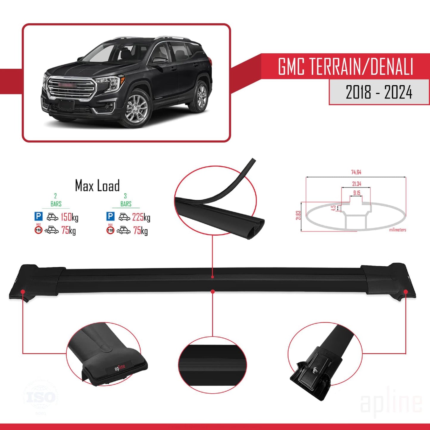 Compatible with GMC Terrain/Denali 2018-2024 Fly Model Car Roof Rack Cross Bar Black Aluminium 2 Bars
