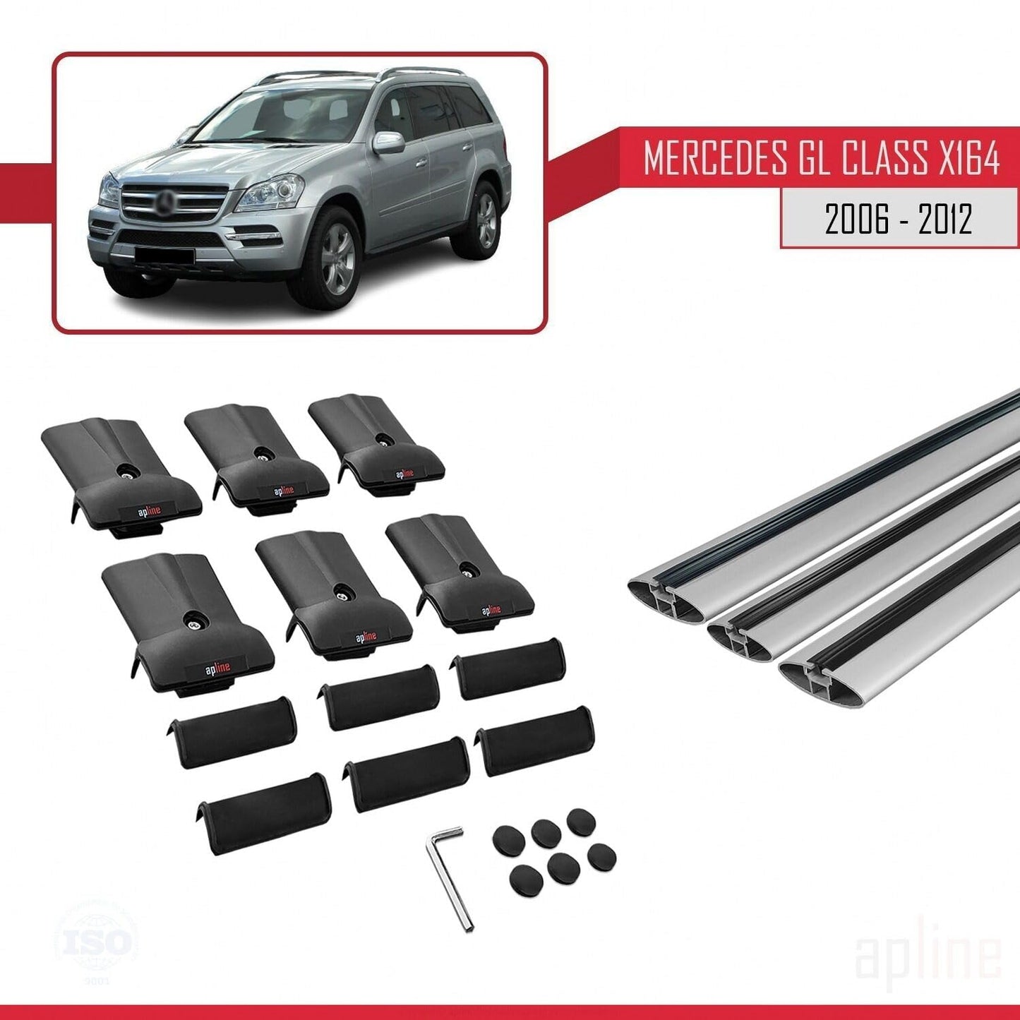 Compatible with Mercedes GL Class (X164) 2006-2012 Fly Model Car Roof Rack Cross Bar Grey Aluminium 3 Bars