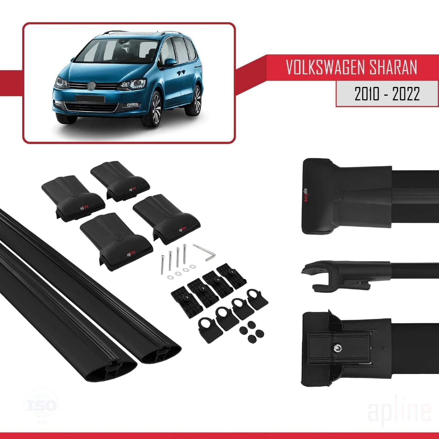 Compatible with Volkswagen Sharan 2 (7N) 2010-2022 Fly Model Car Roof Rack Cross Bar Black Aluminium 2 Bars