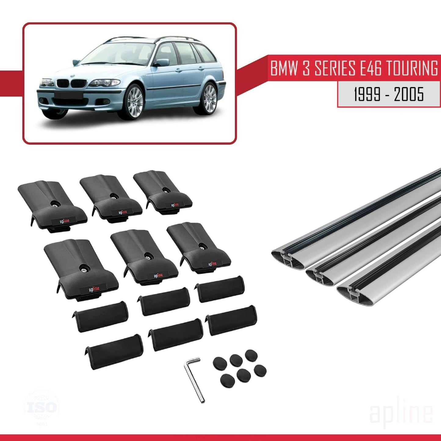Compatible with BMW 3 Series (E46) Touring 1999-2005 Fly Model Car Roof Rack Cross Bar Grey Aluminium 3 Bars