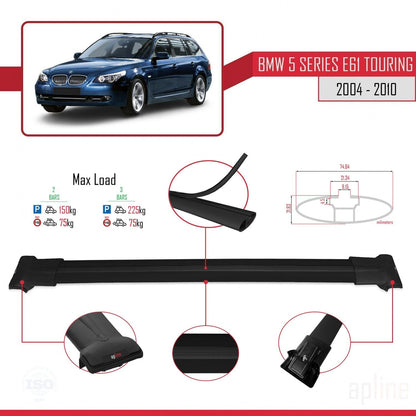 Compatible with BMW 5 Series (E61) Touring 2004-2010 Fly Model Car Roof Rack Cross Bar Black Aluminium 2 Bars