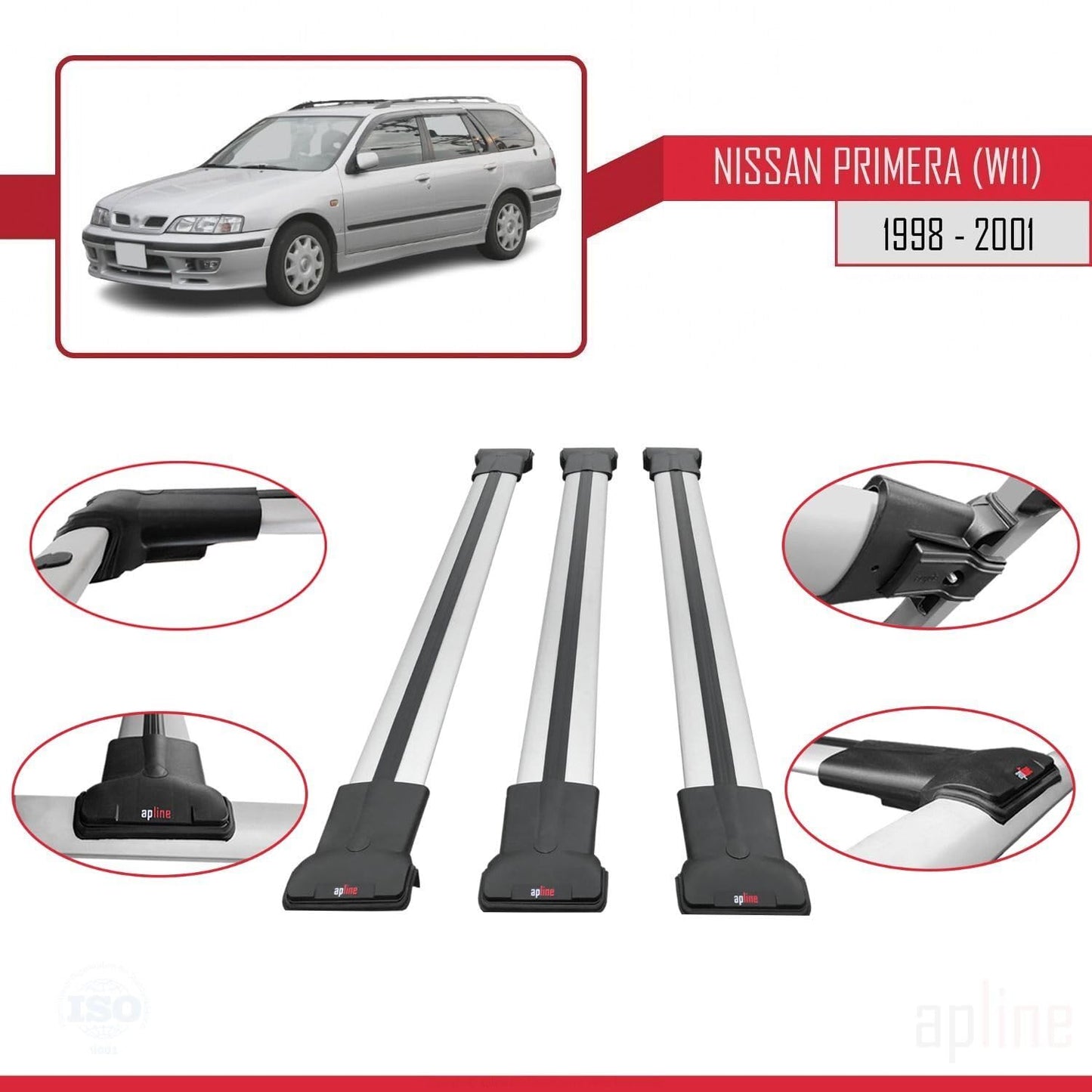 Compatible with Nissan Primera 2 (W11) Traveller 1998-2001 Fly Model Car Roof Rack Cross Bar Grey Aluminium 3 Bars