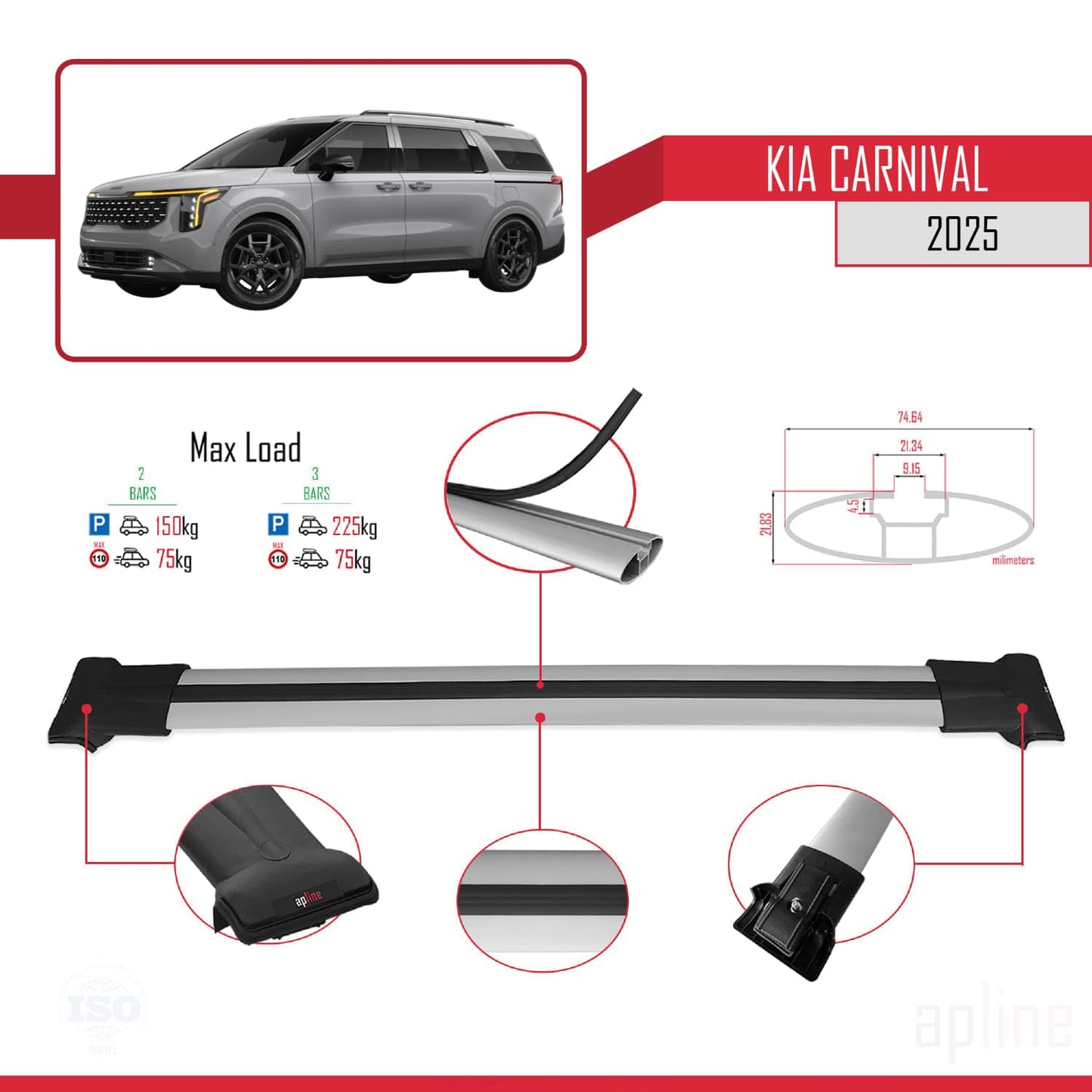 Compatible with Kia Carnival 2025 Fly Model Car Roof Rack Cross Bar Grey Aluminium 2 Bars