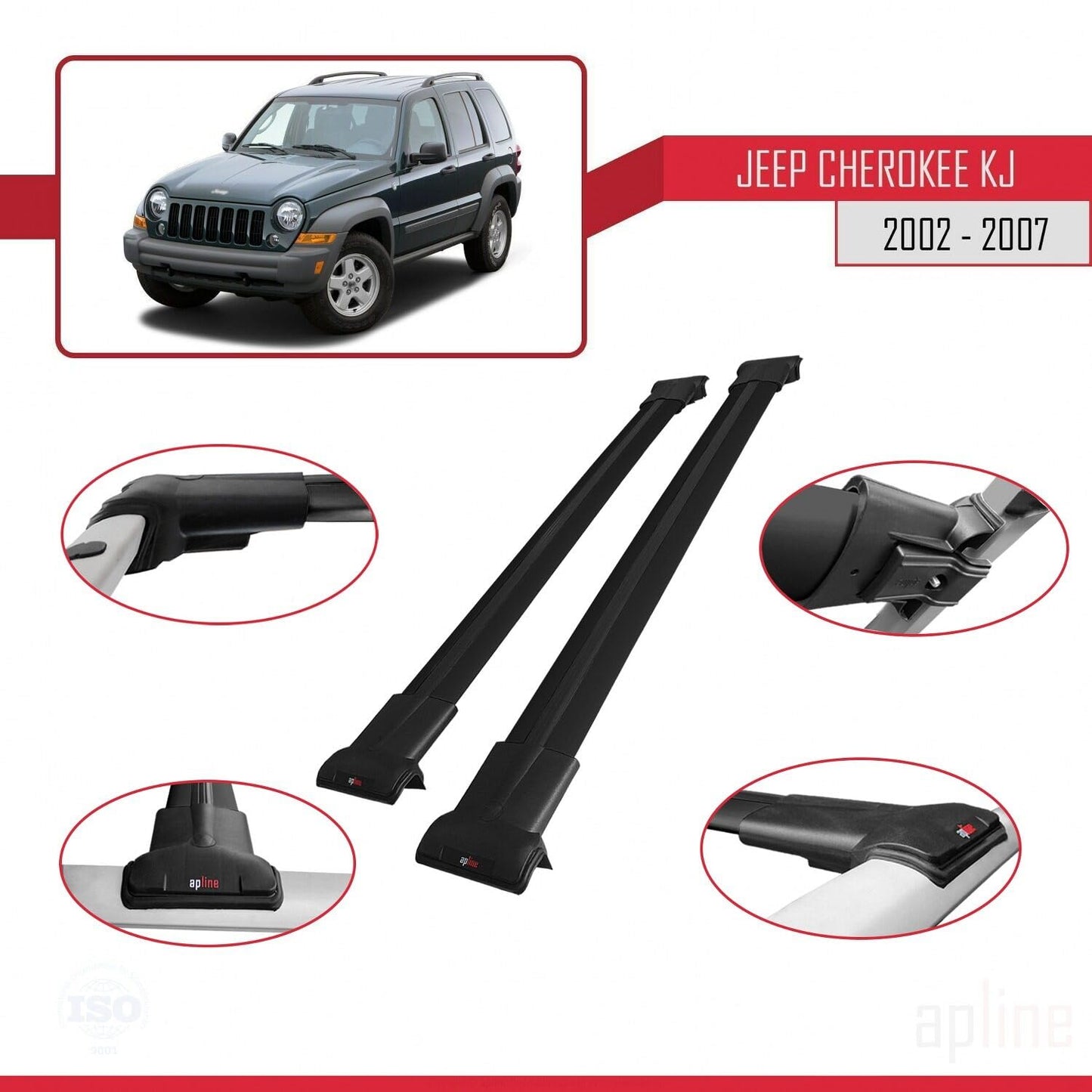 Compatible with Jeep Cherokee 3 (KJ) 2002-2007 Fly Model Car Roof Rack Cross Bar Black Aluminium 2 Bars