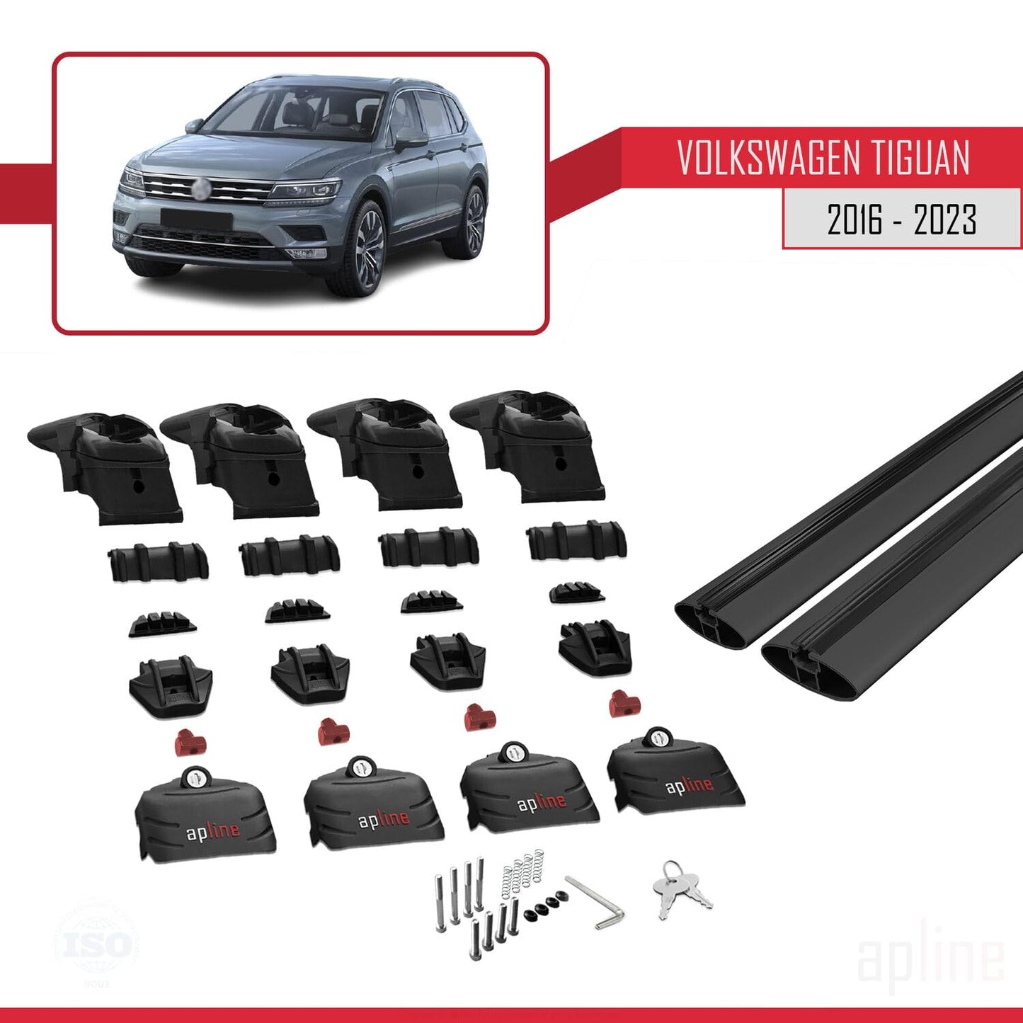 Compatible with Volkswagen Tiguan 2 (AD1) 2016-2023 ACE-2 Car Roof Rack Cross Bar Black Aluminium 2 Bars