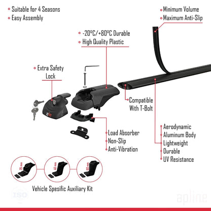 Compatible with Skoda Yeti 2009-2017 ACE-1 Car Roof Rack Cross Bar Black Aluminium 2 Bars