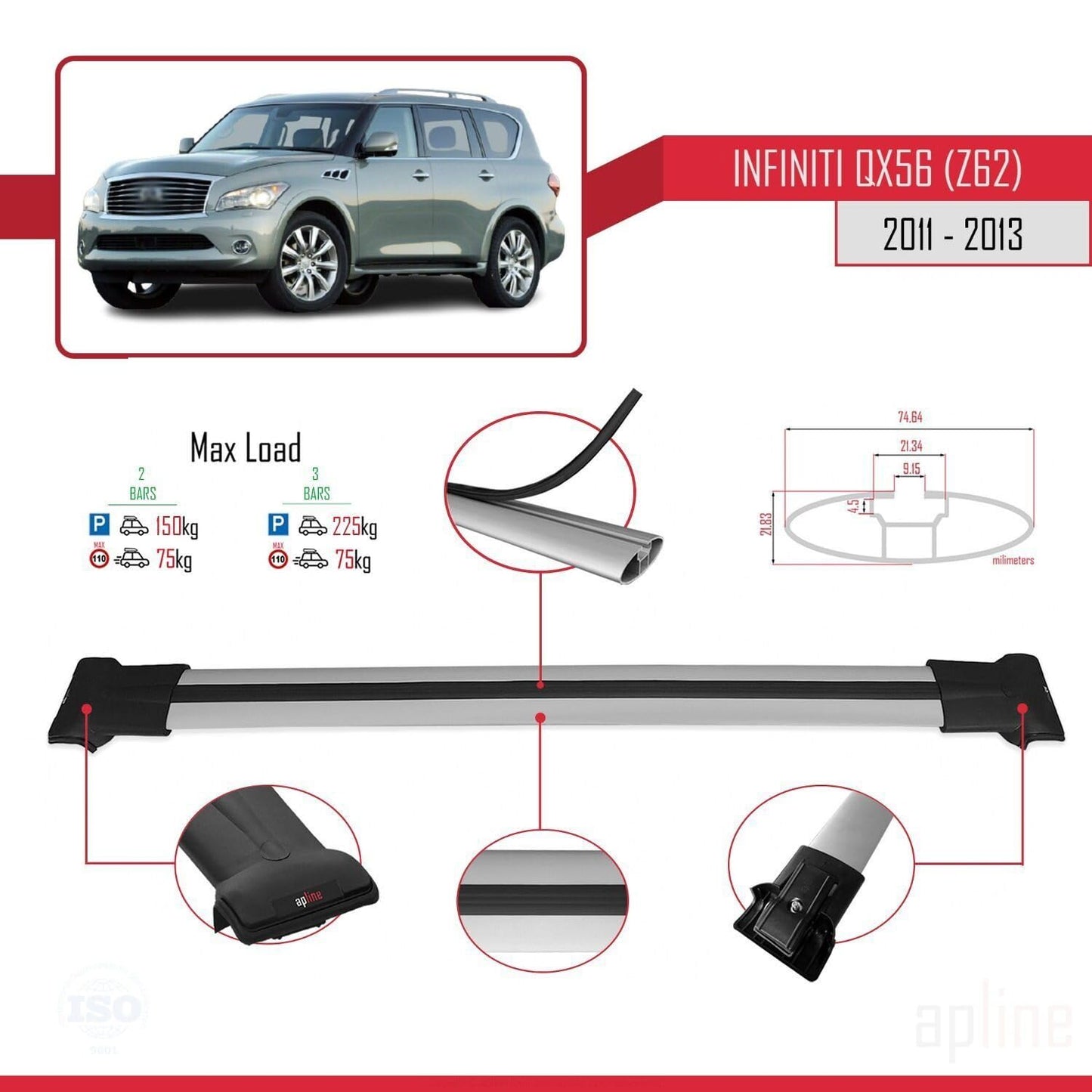 Compatible with IInfiniti QX56 (Z62) 2011-2013 Fly Model Car Roof Rack Cross Bar Grey Aluminium 2 Bars