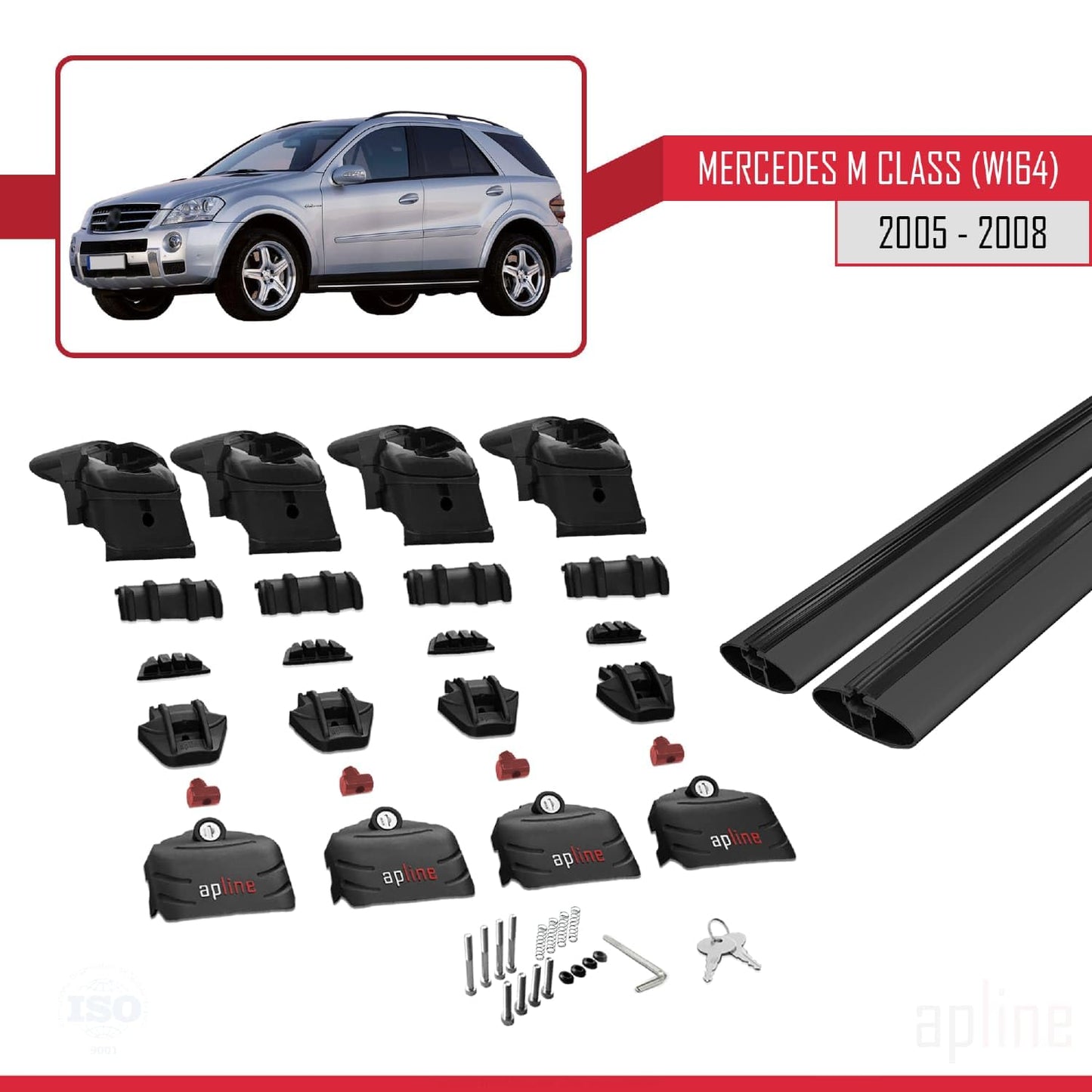 Compatible with Mercedes M Class 2 (W164) Pre-Facelift 2005-2008 ACE-2 Car Roof Rack Cross Bar Black Aluminium 2 Bars